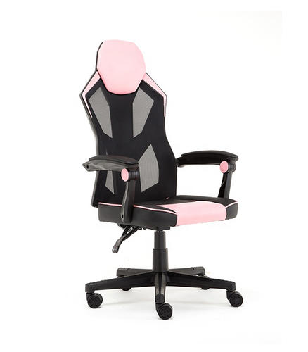 Chaise de bureau PC de jeu respirante à dossier moyen rose avec appui-tête, accoudoir et support lombaire HJ034